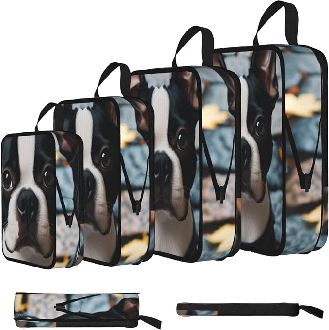 4 Set Terrier-Dog-Pet Compression Packing Cubes | Polyester Fabric, Expandable Design, Double Zipper Compression, Water-Resistant Surface, Travel Organizer Bags For Luggage