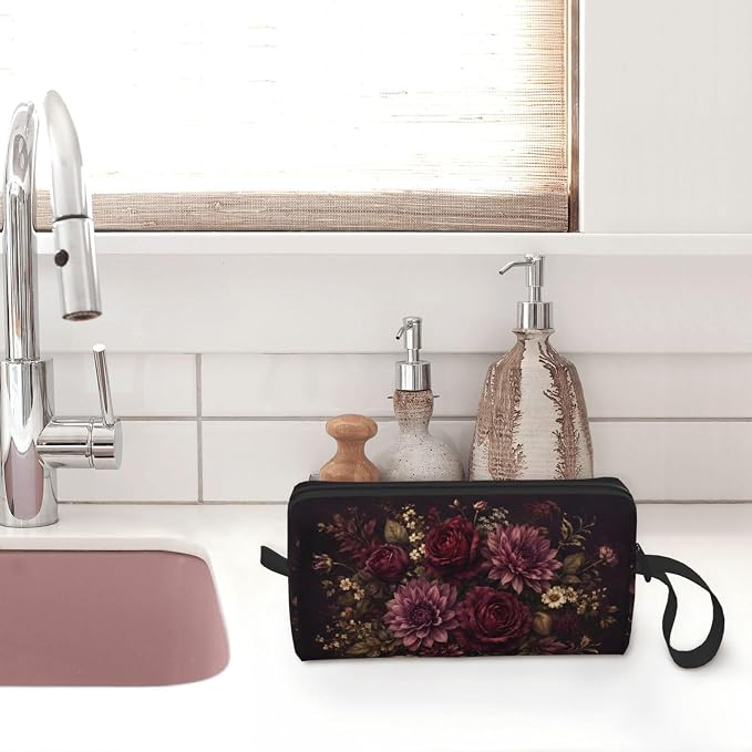 Burgundy Floral Small Makeup Bag, 600D Oxford Travel Pouch | Burgundy Floral Cosmetic Pouch with Double-Sided Print and Foam Padding for Women, Travel, Gym, Weekend Trips and Daily