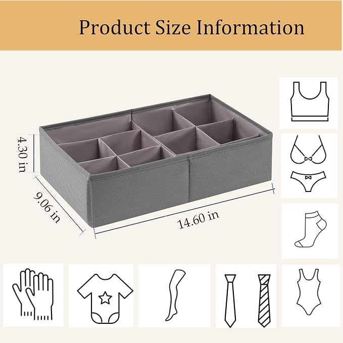 Drawer Organizer Clothes, Adjustable Dividers and Can Change the Size of the Dividers According , Can be Used in the Bedroom, Nursery and Closet Organizer or Storage, Underwear, Socks (Grey, Small)