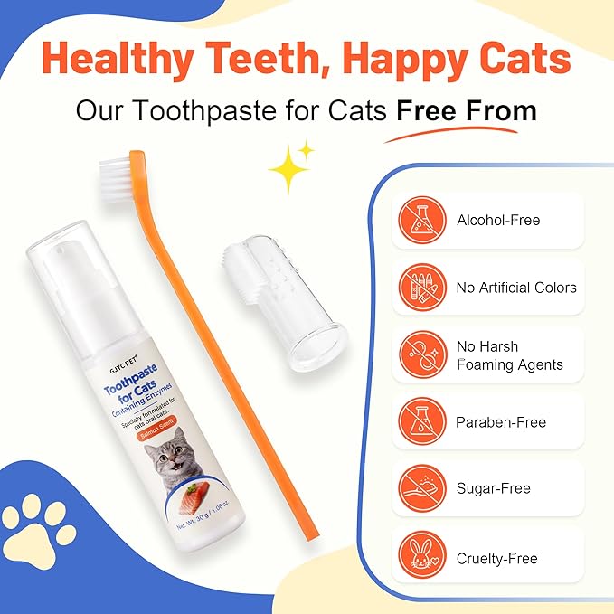 Cat Toothbrush and Toothpaste Kit - Salmon Flavor Enzymatic Cat Toothpaste for Plaque & Tartar Control - Includes a Long Handle Brush & a Soft Silicone Finger Brush for Felines, 1.06 oz