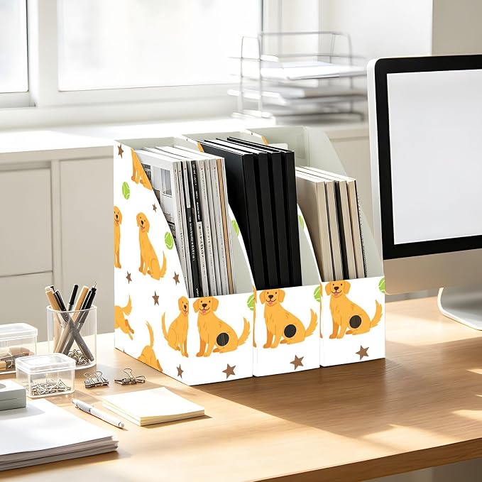 Emelivor Pets Dogs Balls White Print Magazine Holder Set of 3 Desk File Organizer Water-resistant Vertical Folder Holder with Labels for Office Organization File Box for Classroom Home Library