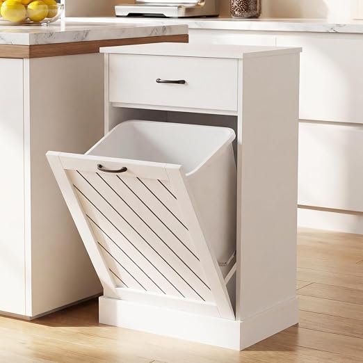 njnj 13 Gallons White Tilt Out Trash Cabinet, Kitchen Hidden Trash Bin Cabinet Wood Garbage Recycling Cabinet with Hideaway Drawer, Pet Proof Freestanding Trash Bin for Kitchen Living Room