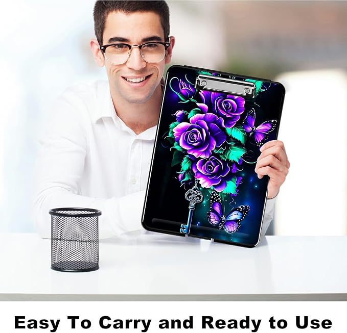Purple Roses 02 A4 Clipboard with Storage Pen Holder, Clipboards Organizer Nursing Clipboard Foldable File Folder Plastic Clipboard Folio Clip Board for Office Students Classroom Doctor