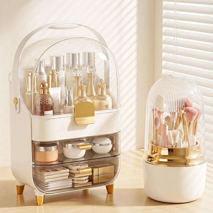 2 Piece Cream Gold Makeup Organizer Set with Dustproof Cover and 3 Drawer Cosmetic Storage Box with Handle for Brushes Perfume Lipstick Skincare Beauty Vanity Countertop Display（Rose Gold）