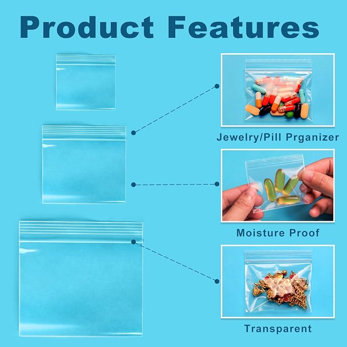 300 Pack Small Pill Bags, 6 mil Sturdy - 3 Assorted Sizes: 2x1.85'', 2.5x2.25'', 3x2.75'' Clear Zip Bags, Reusable Pill Pouch Bags for Travel, Storage, Jewelry & Craft Pieces
