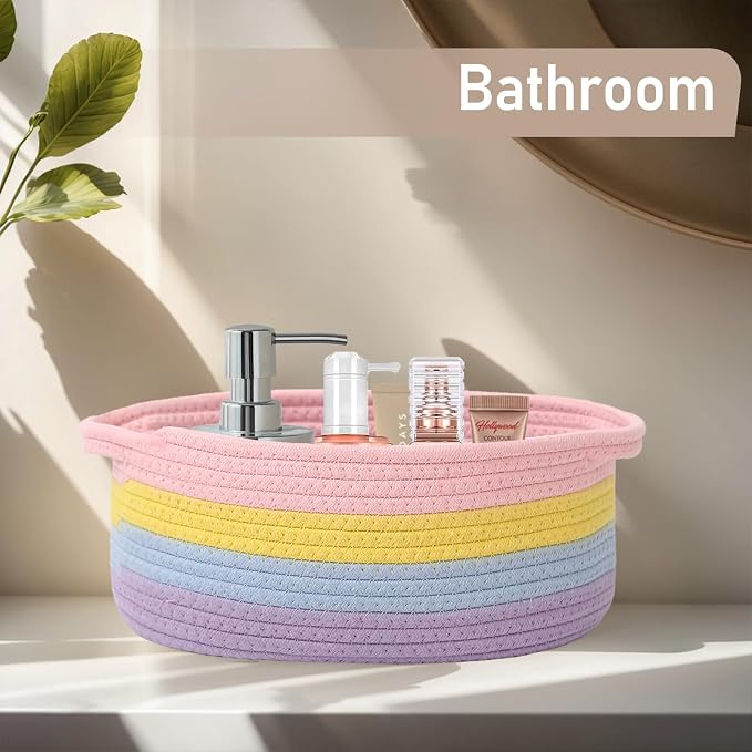 JMvicyroam Small Woven Basket, Empty Gift Basket, Rainbow/1 Pack | Small Gift Basket, Cotton Rope, 12 x 8 x 51 in, Handles, Includes Ribbon and Bag, Birthday Gift Basket