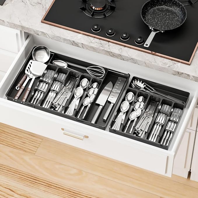 Black Expandable Silverware Drawer Organizer - Adjust From 11'' to 22'' - Knife,Cutlery,Spoons and Forks Organizer,Large 8 Grid Flatware,Silverware Tray,Utensil Organizer for Kitchen Drawers