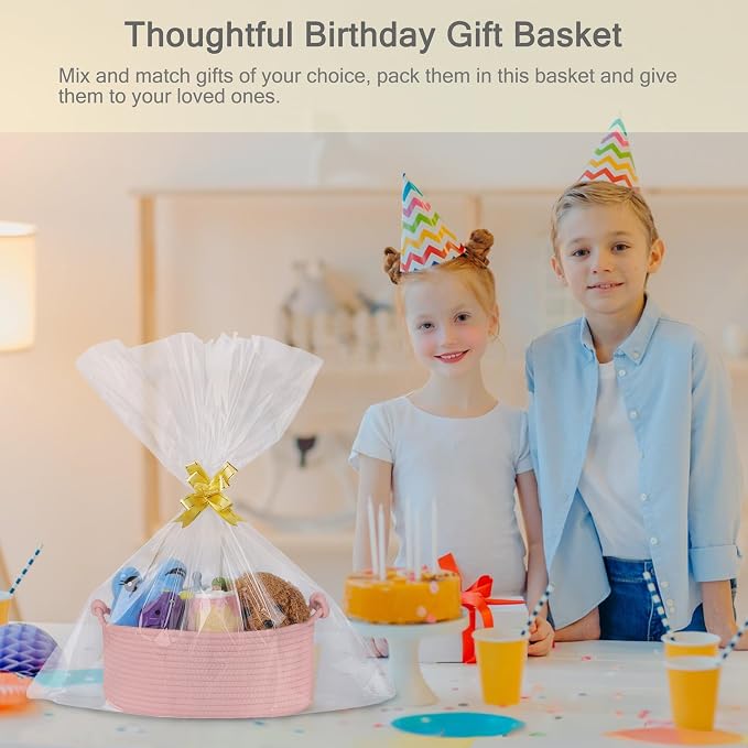 Small Empty Gift Basket with Bag & Ribbons, Dusty Pink | 12“x8”x5”, Cotton Rope Woven Basket for Birthdays, Baby Showers, Mother's Day, Christmas; Stores Small Items, Kids & Pet Toys