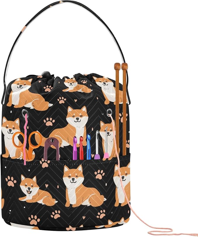 Fustylead Cute Cartoon Shiba Inu and Paw Prints Large Crochet Organizer, Durable Polyester Drawstring Basket Yarn Storage Bag for Crochet Hooks, Knitting Needles, Project and Sewing Supplies
