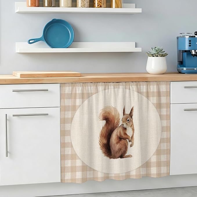 Squirrel Plaid Oven Skirt Curtain for Kitchen Decor 28"x35", Rustic Farmhouse Checkered Retro Animal Self Adhesive Stove Curtains Skirt Cabinet Curtains for Bathroom Laundry Room