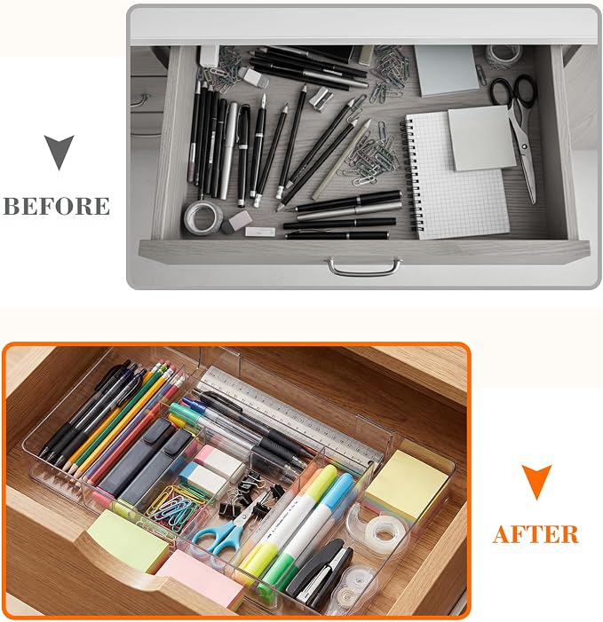 Briwooody 2 Pcs Large Expandable Acrylic Drawer Organizers, Grid Adjustable Drawer, Dividers Organizer for Desk, Makeup, Jewelry, Office, Kitchen Supplies (Clear,8 Compartments)