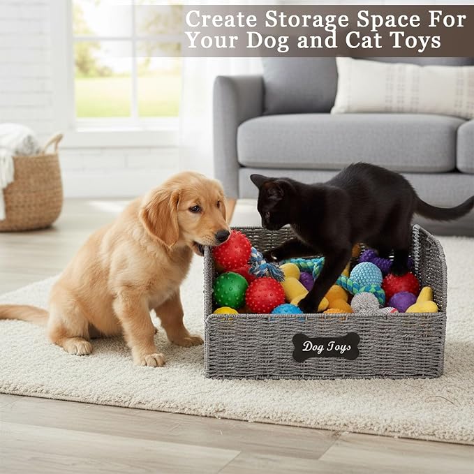 Dog Toy Basket Large Foldable Portable Rattan Dog Toy Storage Organizer for Living Room Bedroom Entryway Floor Corner Pet Toys Basket with Label, Dogs Toys Bin for Cats, Dogs and Pets-Grey