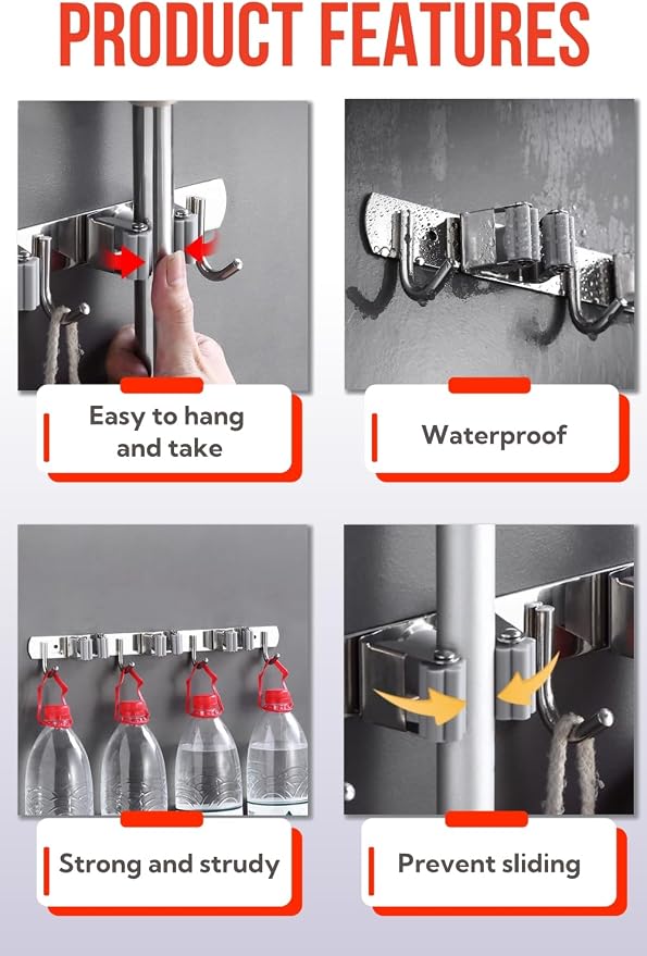 Mop and Broom Holder Wall Mount, Upgraded Broom Hanger Wall Mount, Stainless Steel Broom Organizer for Closet Garage Laundry Room Kitchen Wall Decor(4Racks 5Hooks Silver)