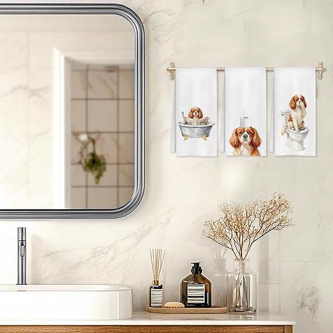Funny Cavalier King Charles Spaniel Bathroom Decor Hand Towels Set of 3, Cavalier Spaniel Mom Gifts, Gifts for Cavalier Spaniel Lovers,Kids Dog Bathroom Decor,16x24 Inch