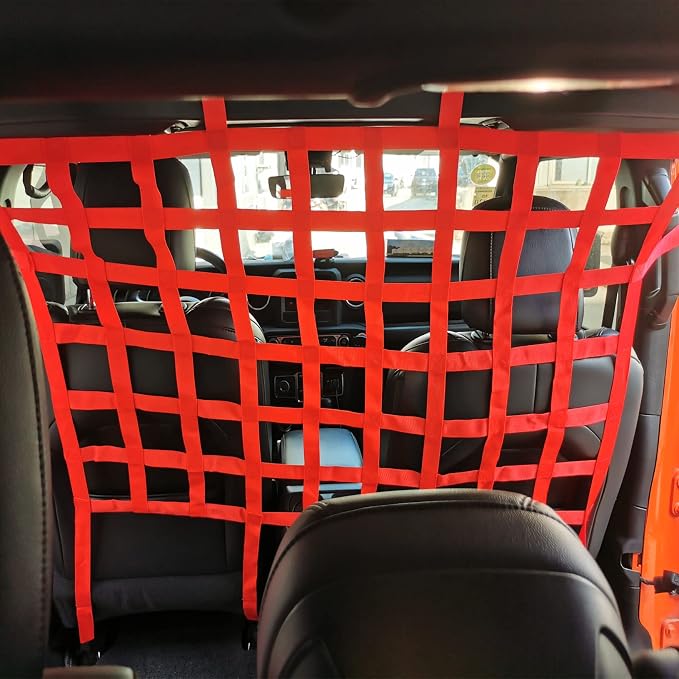 Rear Seat Dog Barrier Net Divider for Jeep Wrangler JK JL JT 2007-2025 | Fits Jeep Wrangler JK JL & Gladiator JT 2/4 Door, Red, Thickened Polyester Pet & Child Safety Barrier, No-Tool Install
