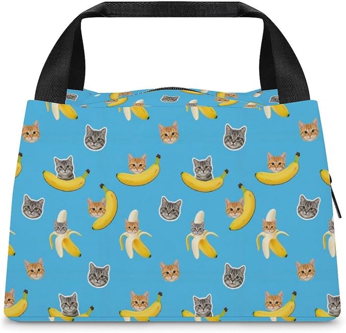 Cute Insulated Lunch Bag for Women Men, Funny Cat Banana Bananas | Large Capacity Leakproof Cooler Tote, Non Slip, with Sturdy Zipper, for Daily Use Outdoor Activities
