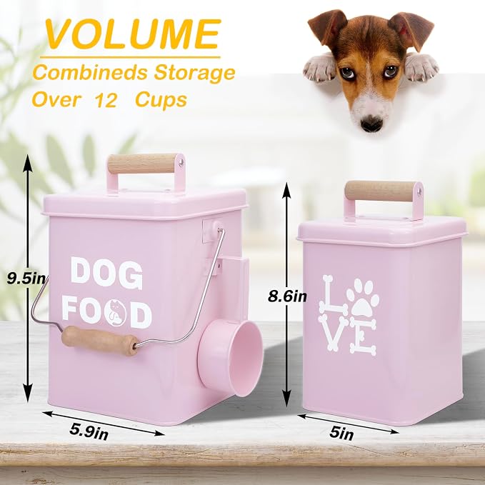 Dog Food Storage Container Set of 2 Dog Treat Container with Airtight Lids Dog Treat Jar with Scoop Metal Dog Food Holder with Wooden Handles for Kitchen Counter and Pantry Home Decor - Pink