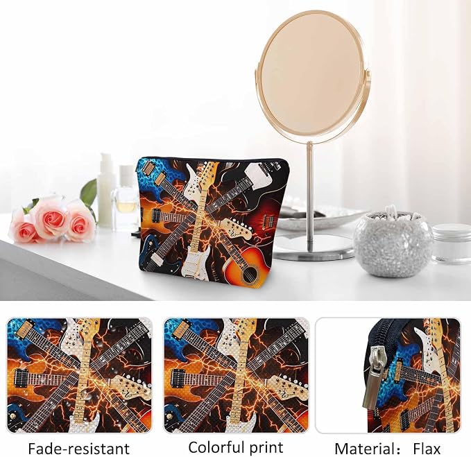 Rock Guitar Makeup Bag For Women, Adorable Cosmetic Bag Makeup Bags, Lightning Music Guitar Zipper Bag Travel Bags Toiletry Organizers Pouch Bags Washing Bags For Gym Bathroom