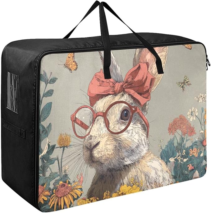 Comforter Storage Bags Large Folding Blanket Organizer Bag with Strong Handles Clear Window Closet Storage Containers for Clothes King Queen Pillows Bedding Quilt Duvet Grey Easter Bunny and Wi