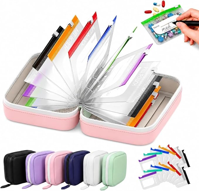 14 Color-Coded Waterproof Pill Pouch Set, Book-Shaped Travel Pill Organizer, Reusable Medication Storage Case for Vitamins, Prescription Pills, College Dorm Daily Use and Pet Supplements，Pink