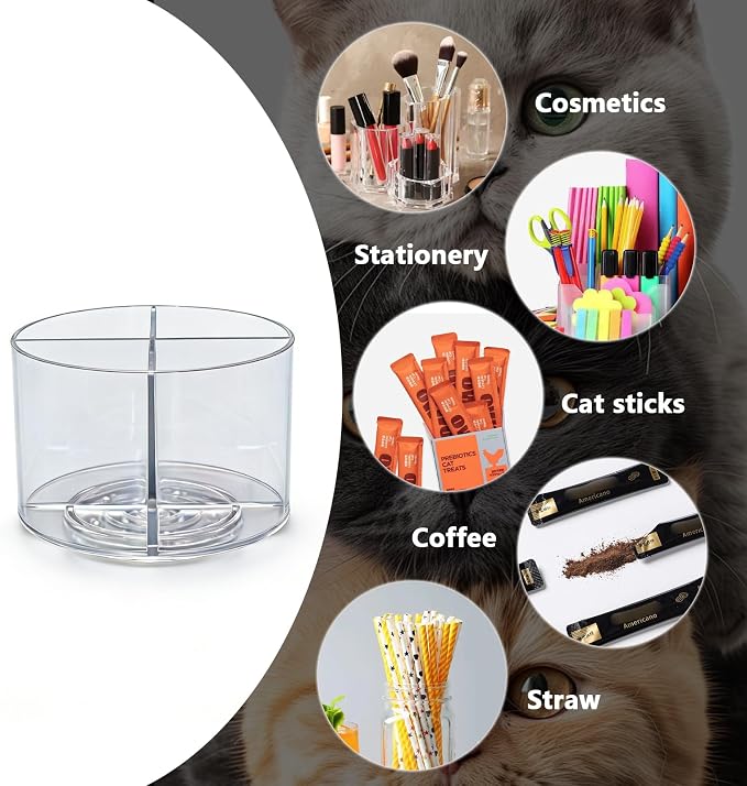 Lickable Cat Treats Organizer, Clear Acrylic Lazy Susan Cat Treat Holder with 4 Compartments, Squeeze Up Cats Food Storage for Wet Treat Tubes, Puree Snacks, Countertop Pantry Shelf