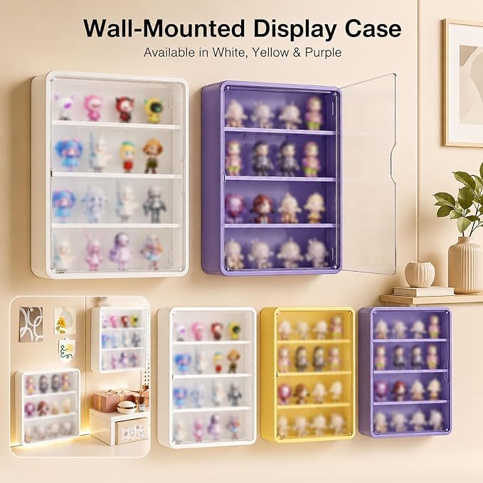 Wall-Mounted Display Case for Blind Box Figures, Clear Magnetic Door Collectible Storage Cabinet, No-Drill Figure Organizer with Shelves, Small or Large, White, Yellow or Purple(Yellow,Large)