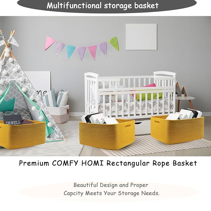 COMFY-HOMI Cotton Rope Woven Basket with Handles for Shelves,Toys,Book, Cloth Storage Baskets Bin for Organizing- 1 PCSToy Decorative Organizer for Living Room, Bathroom 17" x 13" x 7.5"