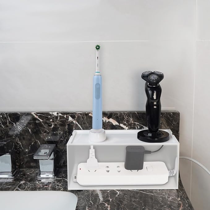 Linkidea Bathroom Cable Organizer Box for Electric Toothbrush & Razor Chargers, Cord Hider Storage Case, Countertop Clutter-Free Vanity Organizer (White)