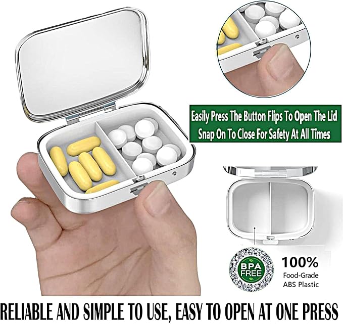 ABLESKY Pill Box, 2 Compartment Pill Organizer Case for Pocket or Purse, Small Portable Metal Travel Medicine Box with Mirror, Daily Vitamins Fish Oil Container-Blackmothl