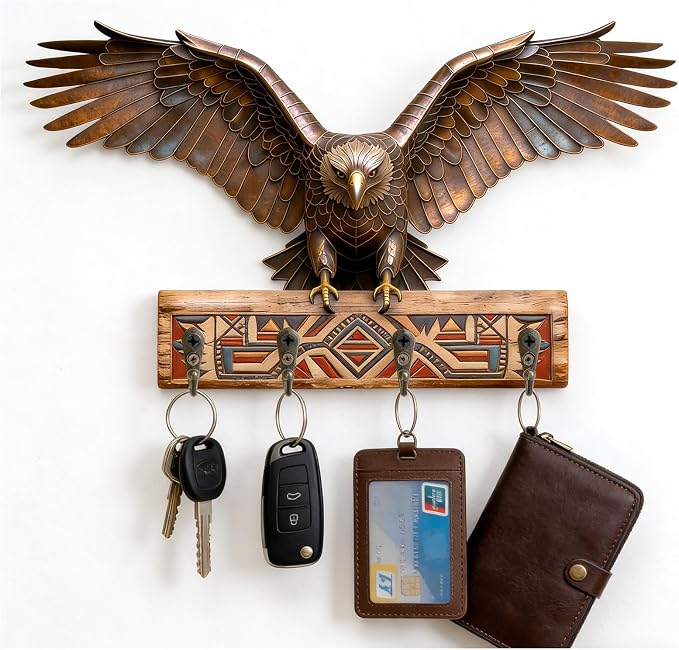 Goodangie00 Wooden Wall Art Decor with 4 Rustic Hooks, Eagle Treasure Chest Design Key Holder Wall Mount Hanger for Bag, Towel, Backpack, Clothes, Collars, Leashes, Bathroom, Kitchen