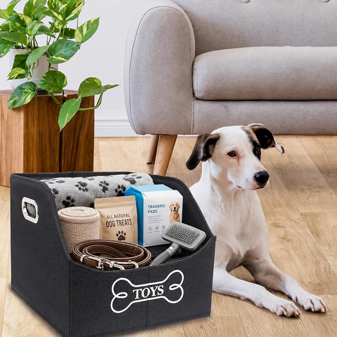 Large Dog Toy Storage Bin, Foldable Trapezoid Box with Handles | Canvas Fabric,Large Capacity, for Pet Supplies,Pet Toy Organizer Basket, Sturdy Metal Handles ,Easy Carry pet storage-Black