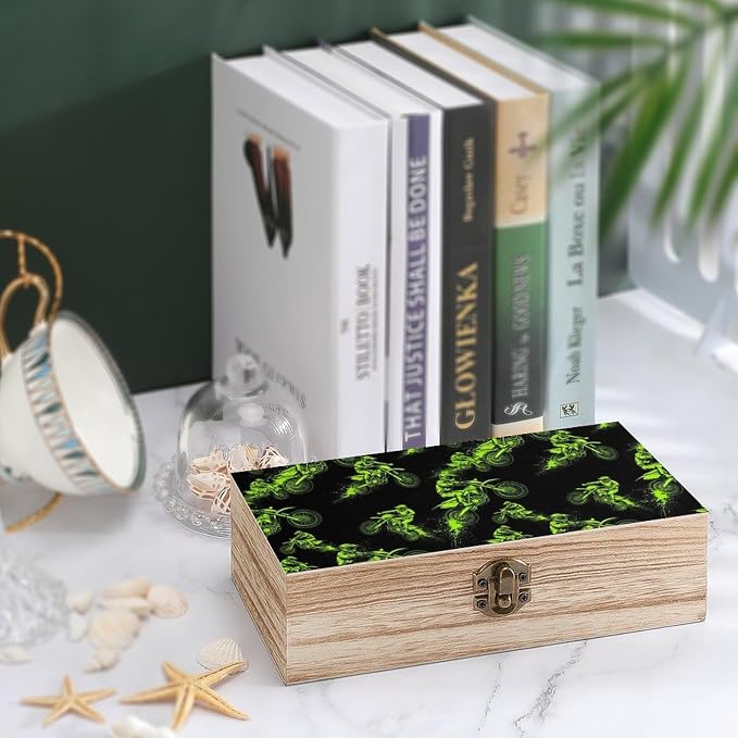 Wooden Box for Keepsakes Memory Boxes with Hinged Lid, Motocross Rider | Extreme Sports Green Black Jewelry Storage Case, Photo Organizer, Party Favor Decor Gift Box, 9.2"x5.5"x3.9"