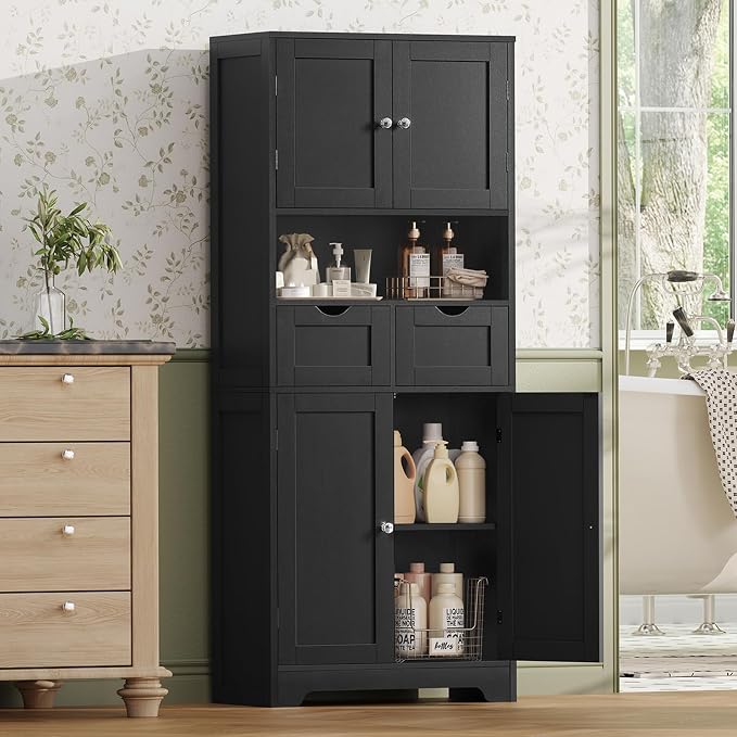 TEENFON 57.8" H Tall Storage Cabinet with 2 Drawers & 2 Adjustable Shelves, Floor Cabinet with 4 Doors, Tall Cabinet for Living Room, Dining Room, Entryway, Black