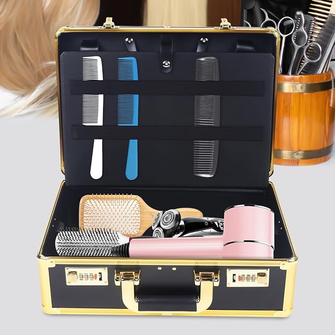 Barber Carrying Case,Large Barber Beauty Salon Tool Kits Storage,Portable Travel Carry Case for Barber Hair Stylist Pet Groomer, for Clippers Trimmers Scissors Blades Guards Shears (Gold)