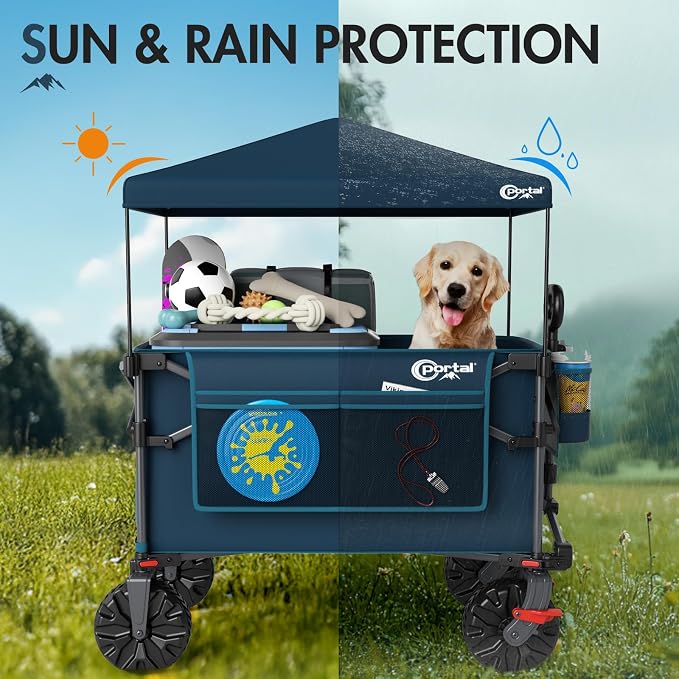 Portal 350L Collapsible Wagon Cart with Removable Canopy, 270LB Cart Blue | Collapsible Wagon Cart with Removable Canopy Folding with Rear Door for Pet, Camping, Beach, Sports and Outdoor Adventures