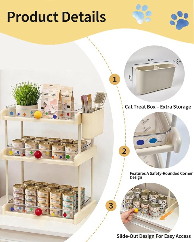Cat Food Can Organizer w/Lickable Cat Treats Storage 3-Tier -White | Pet Food Storage Rack, With Clear Acrylic Trays, Colorful Stickers, for Pantries, Cabinets, Or Shelves, for 3oz–12.5oz