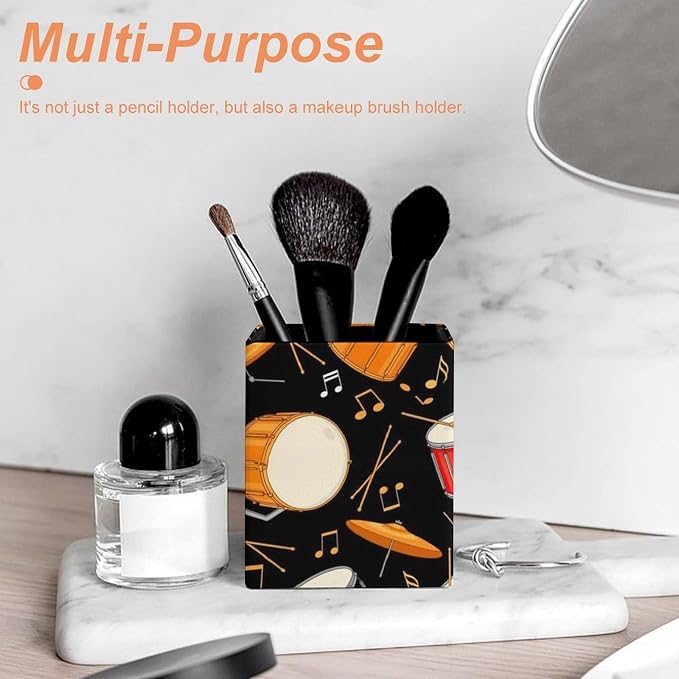 Pu Leather Pen Holder Pencil Cup, Rock Drum Stand Makeup Brush Holder, Stationery Organizer Container Box Desk Decor Accessories for Office