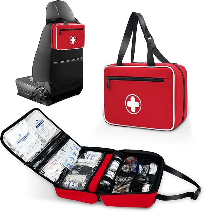 Portable First Aid Bag, Empty Emergency Trauma Kit with Reflective Strips, Multi-Compartment Medical Organizer for Travel, Camping, Car, Outdoor and Home, BAG ONLY (Red)