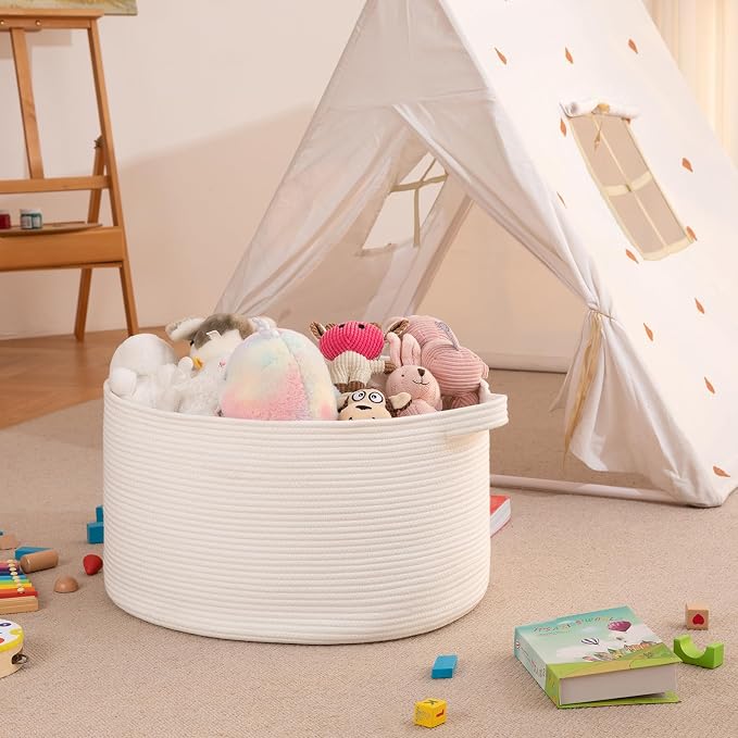 OIAHOMY 90L Extra Large Blanket Basket - Decorative Cotton Rope Storage Basket for Bedroom, Living Room & Nursery - Woven Laundry Hamper for Organizing Blankets, Clothes & Toys - White