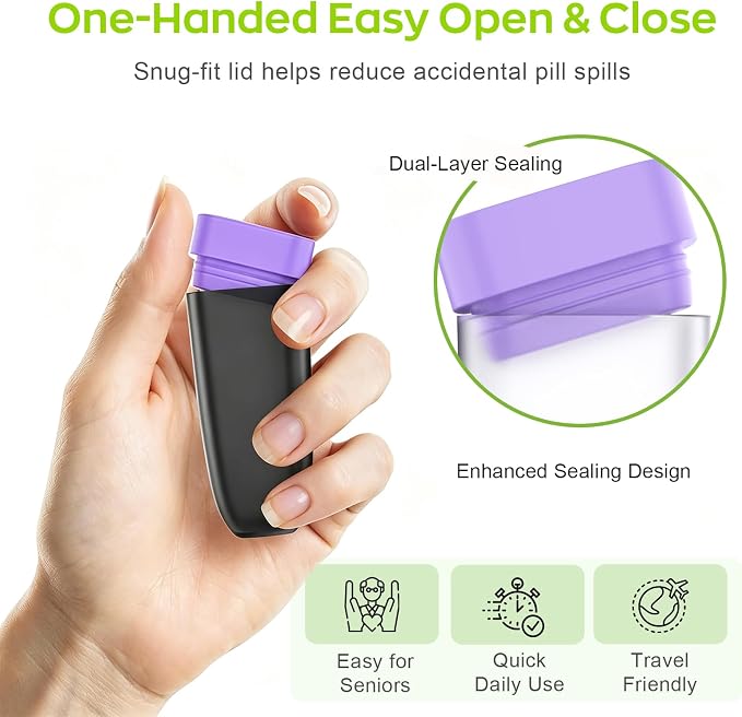 HIONXMGA Weekly Pill Organizer, Detachable 7-Color Pill Box, Easy Tracking | Portable Travel Pill Case Container for Daily Vitamin Supplement Fish Oil, Silicone-Seal, Lasting Labels, Quick Fill (Black)