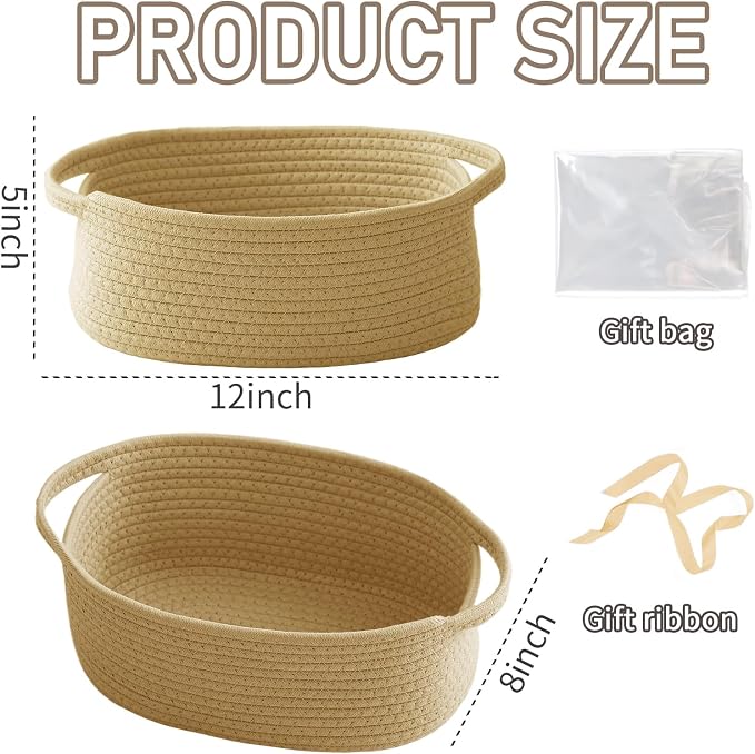 JMvicyroam Small Woven Basket, Empty Gift Basket, Jute/2 Pack | Small Gift Basket, Cotton Rope, 12 x 8 x 34 in, Handles, Includes Ribbon and Bag, Birthday Gift Basket