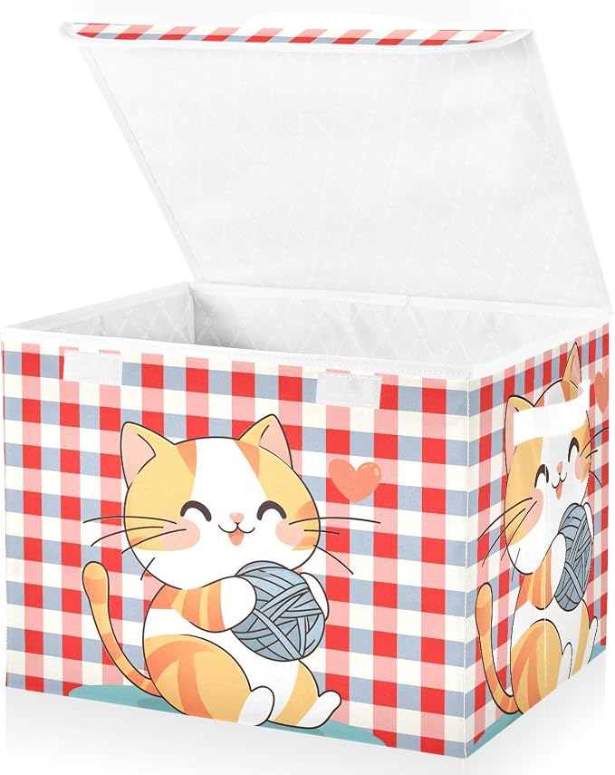 Cute Cat Ball Fabric Storage Bins with Lid Closet Storage Basket 40L | Foldable & Stackable, Flip Top Dust Guard, Reinforced Handles, Home & Bedroom, Clothes & Toys, Cat Print Basket
