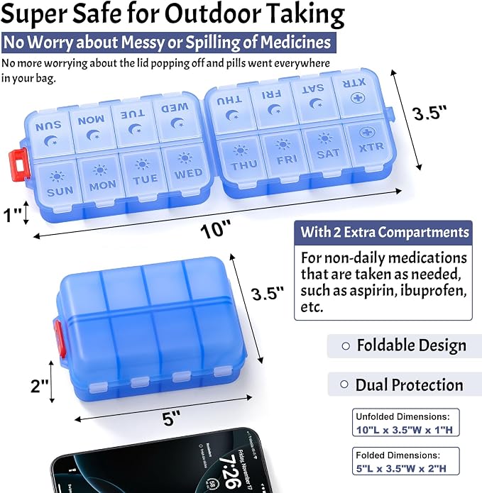 Foldable Weekly Pill Organizer 2 Times a Day with 2 Extra Compartments - Etched Labels - Portable 7 Day AM PM Medicine Box, Week Daily Travel Pill Case Holder for Meds, Vitamin, Supplement -Clear Blue