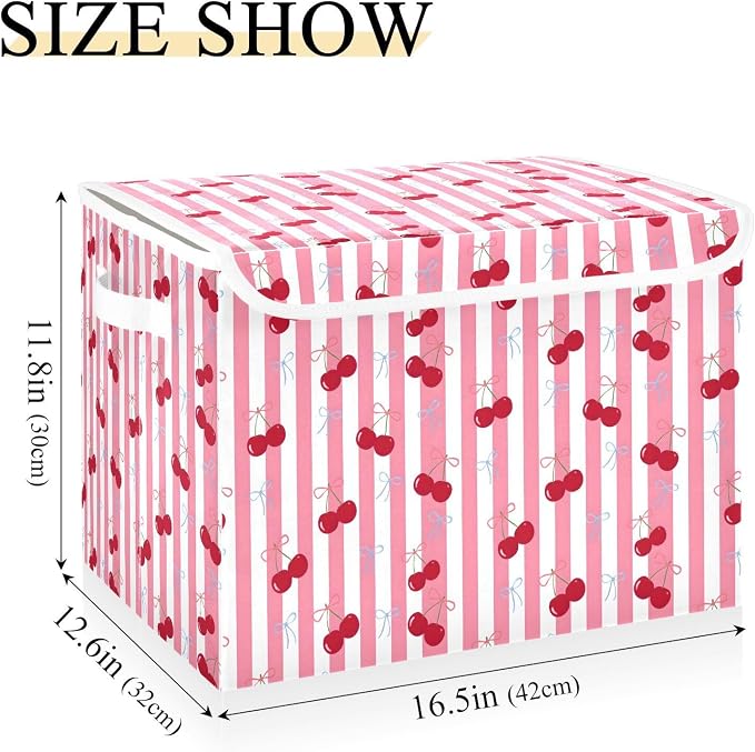 Cherry Fabric Storage Bins with Lid Storage Baskets for Organizing Nursery | Decorative Storage Boxes, Foldable & Stackable, Dust-Proof Flip Top, Reinforced Handles, For Home & Dorm, Clothes & Toy Box