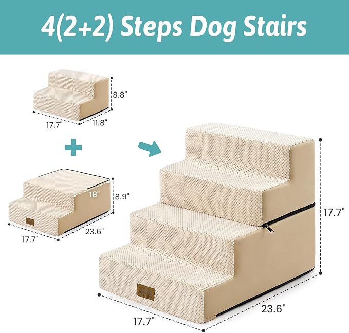 COZY KISS Dog Stairs for Small Dogs, 4 Step Pet Stairs for Beds & Couches | 17.7" H Wider Non-Slip Dog Steps with Removable Tiers & Support Board for Puppies, Older Cats & Dogs, Beige