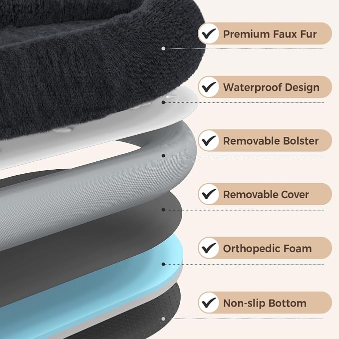 Human Dog Bed for Adult, 71"x48" Large Pet Dog Bed, Dark Grey | Adult Dog Bed for Humans with Pillow & Blanket, Fluffle Cloud Dog Bed with Orthopedic Foam Bolster, Durable Zipper, Portable