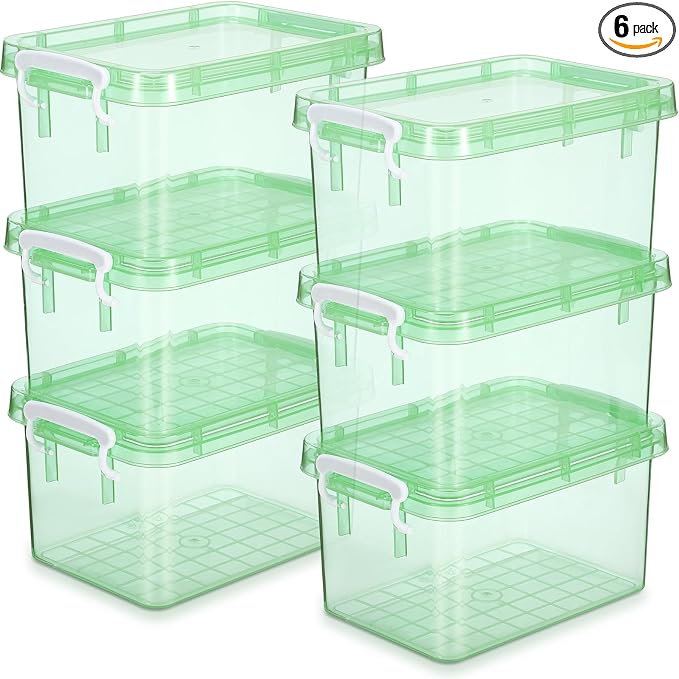 6 Pack Colorful Plastic Storage Bins with Lids 4 Quart Small Storage Latch Box Stackable and Nestable Clear Organizer Bins with Latching Handle and Buckle for Organizing(Green)