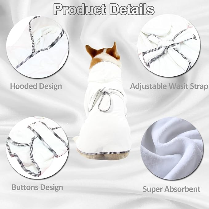 Dog Bathrobe, Microfiber Fast Drying Absorbent Hooded Bath Towel White for Puppy Small Medium Large Dog Cat (2XL, White)