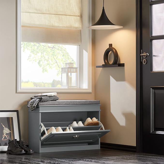 Haotian Shoe Storage Bench with Cushion, Grey Narrow Shoe Rack for Entryway, Small Shoe Cabinet with Flip-Drawer, Closet Hallway Mudroom FSR82-L-HG