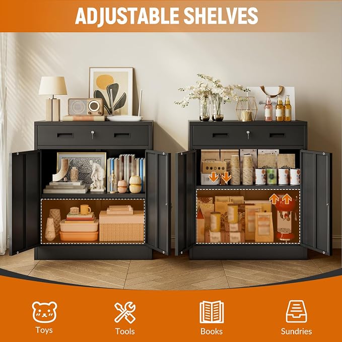 BESFUR Metal Garage Storage Cabinet with One Lockable Drawer 2 Locking Doors and an Adjustable Shelf, 36" Black Metal Short Storage Cabinet for Home Office,Garage,School,Utility Room